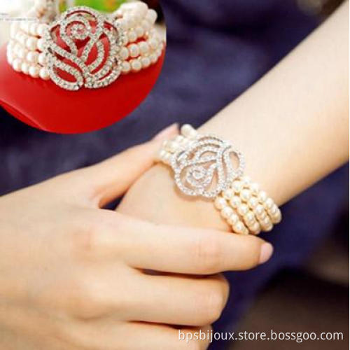 1pc Charming 3 rows Genuine White pearl crystal Rose bracelet